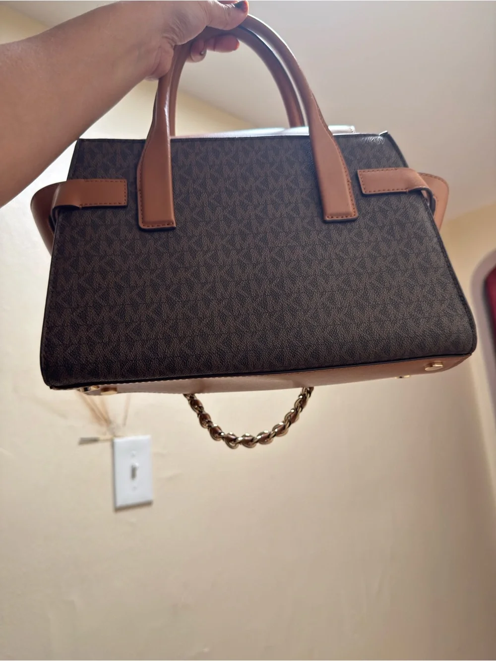 Michael Kors Carmen Medium Satchel Brown and Tan Signature w/ Gold Chain